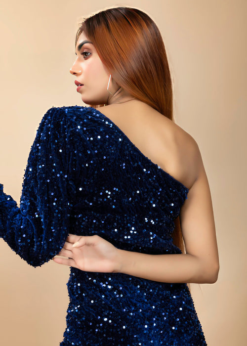 One-Shoulder Elegance Blue velvet Sequin Dress - Womenue
