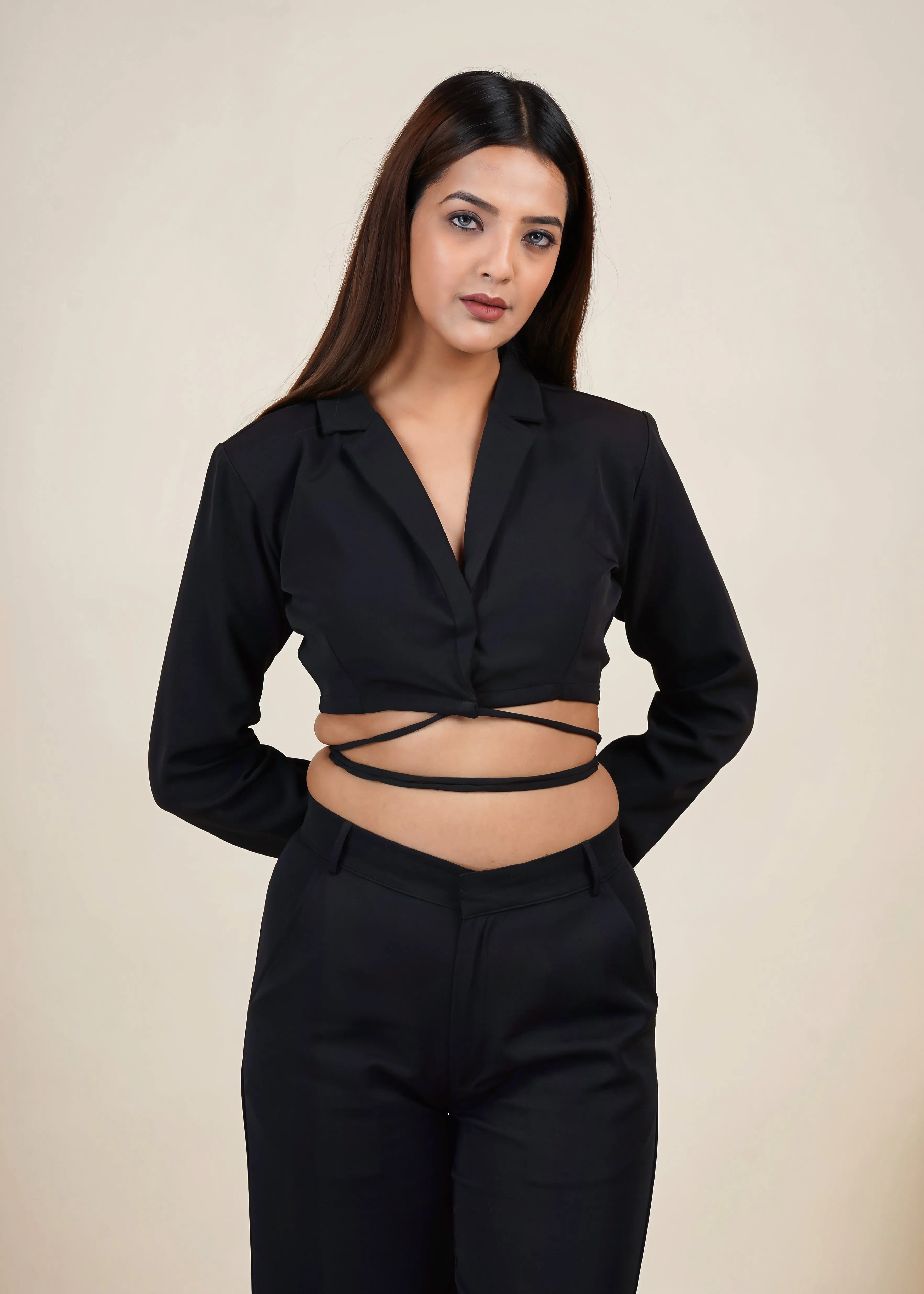 BLACK CROPPED TIE STRING BLAZER CO-ORD SET WITH FLARED PANT - Bulks