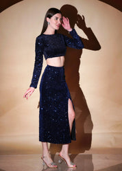 STUNNING ROUND NECK STYLE VELVET SEQUIN TOP WITH SIDE SLIT SKIRT - Bulks