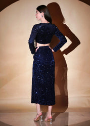 STUNNING ROUND NECK STYLE VELVET SEQUIN TOP WITH SIDE SLIT SKIRT - Bulks