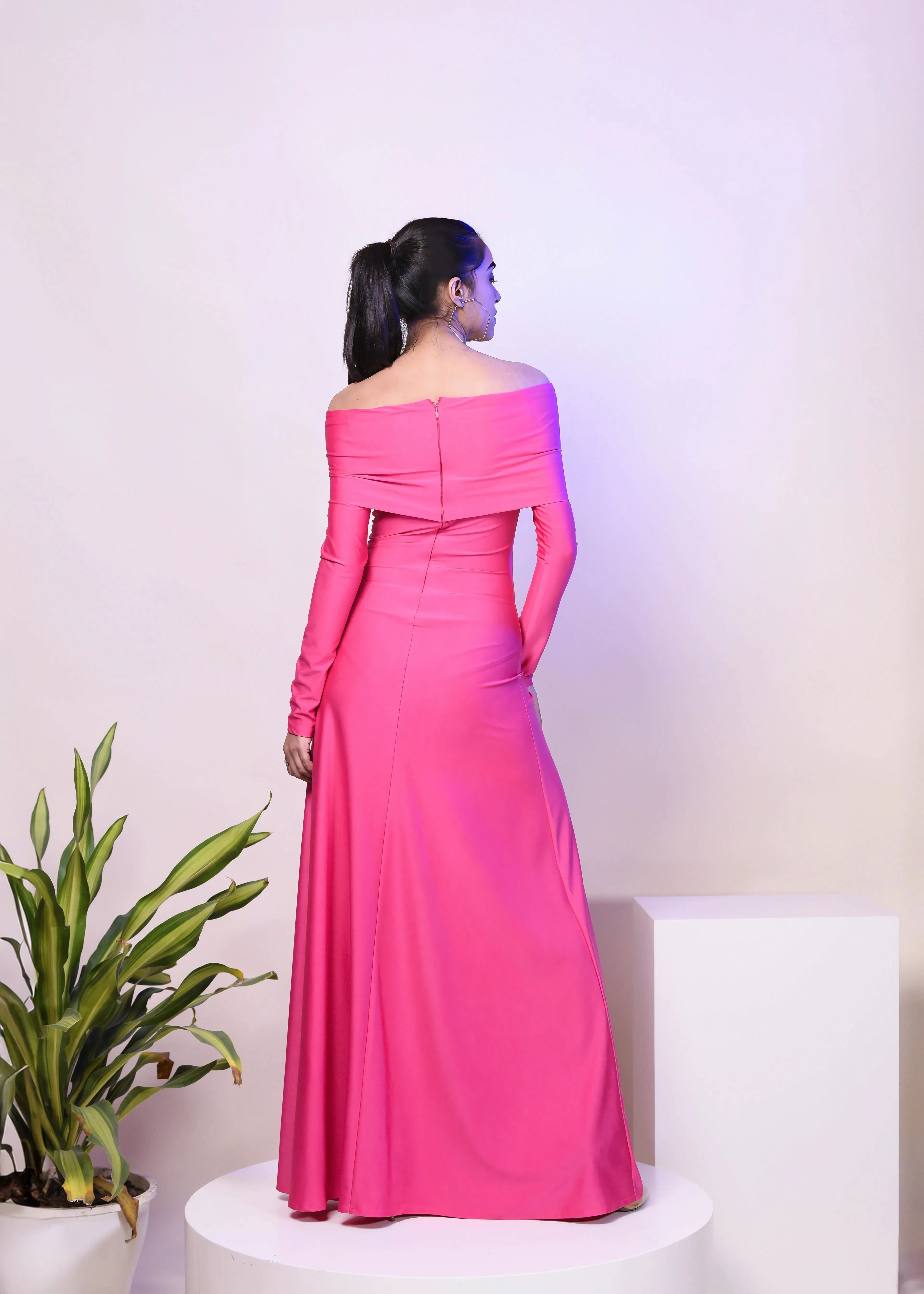 CLASSIC DACRON OVERFOLD OFF SHOULDER LONG GOWN DRESS - Bulks