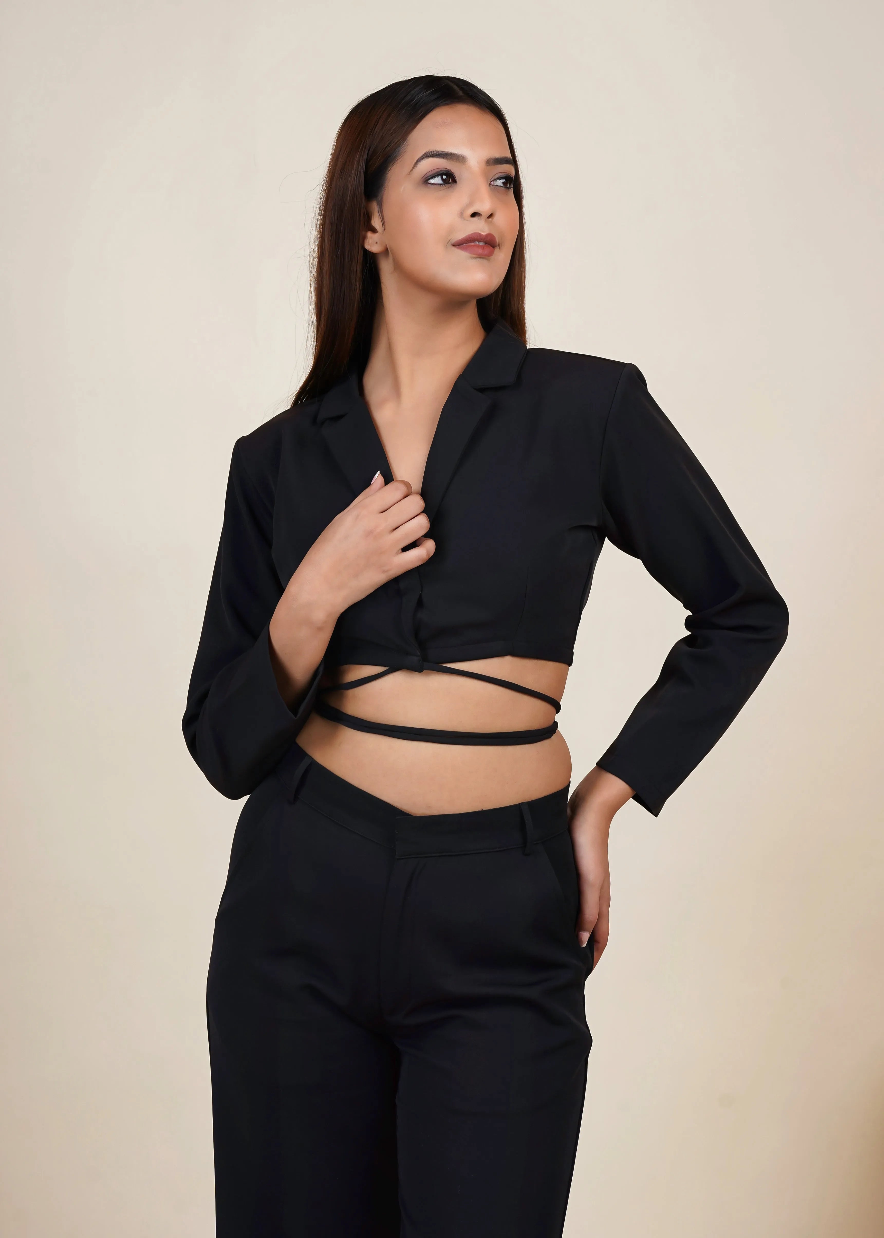 BLACK CROPPED TIE STRING BLAZER CO-ORD SET WITH FLARED PANT - Bulks