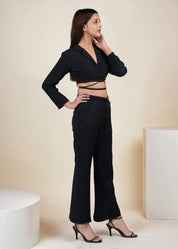 BLACK CROPPED TIE STRING BLAZER CO-ORD SET WITH FLARED PANT - Bulks