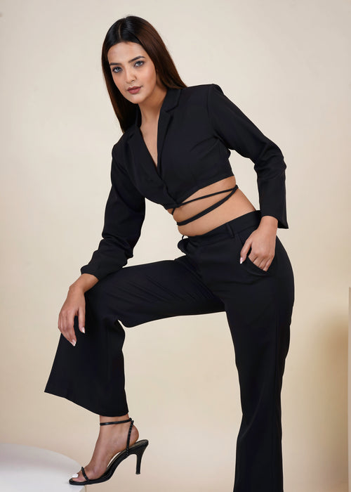 BLACK CROPPED TIE STRING BLAZER CO-ORD SET WITH PANT - Womenue