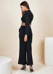 BLACK CROPPED TIE STRING BLAZER CO-ORD SET WITH FLARED PANT - Bulks