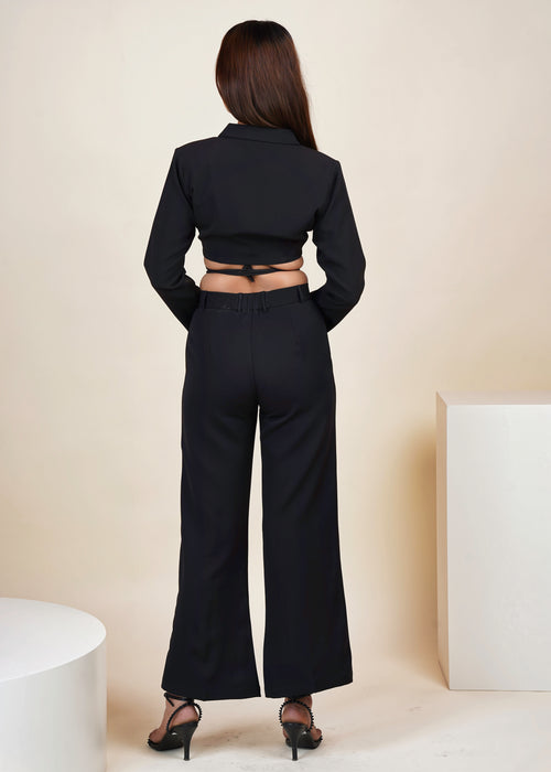 BLACK CROPPED TIE STRING BLAZER CO-ORD SET WITH PANT - Womenue