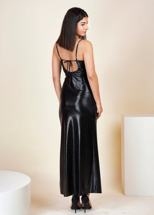 Black Mettalic Long Slit Dress - Womenue