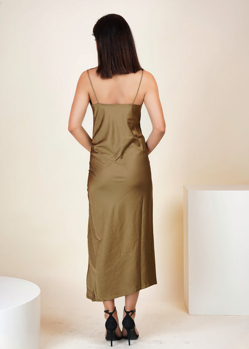Green Satin Sway Side Ruched Dress - Womenue