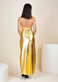 Golden Halter Neck Slit Long Maxi Dress - Womenue
