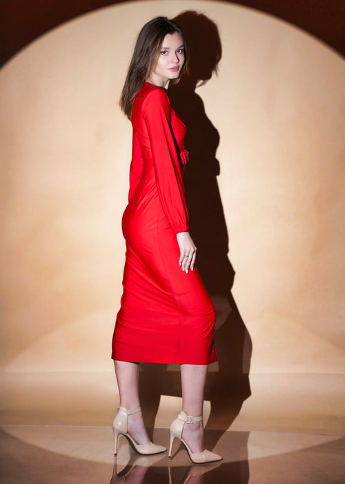 RED ELEGANT LONG SLEEVE SIMPLE CHIC DRESS - Womenue