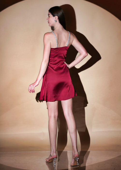 Maroon Celestial Satin Drift  Mini Dress - Womenue