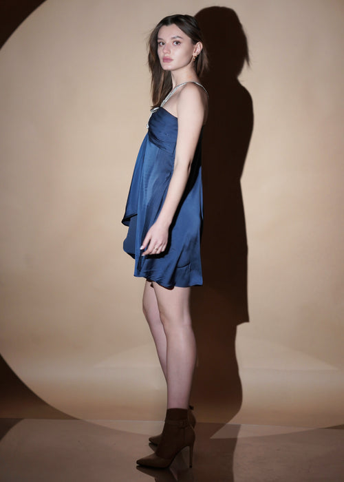 Blue Celestial Satin Drift  Mini Dress - Womenue