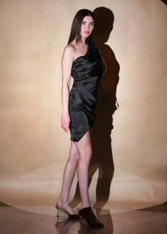 Sleek Satin  Black One Shoulder Hanging sleeve Style Dress - Womenue