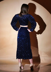 Stunning V Neck Style Velvet Sequin Top With Side Slit Skirt - Bulks