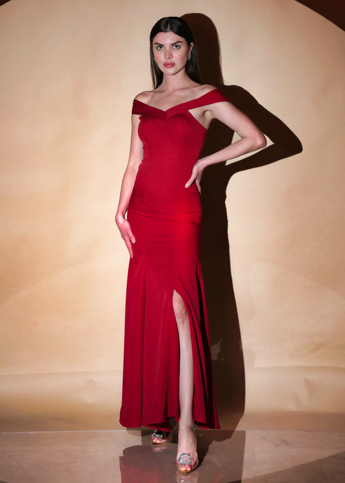 Classic Red Elegance Off Shoulder  Mermaid Gown - Womenue
