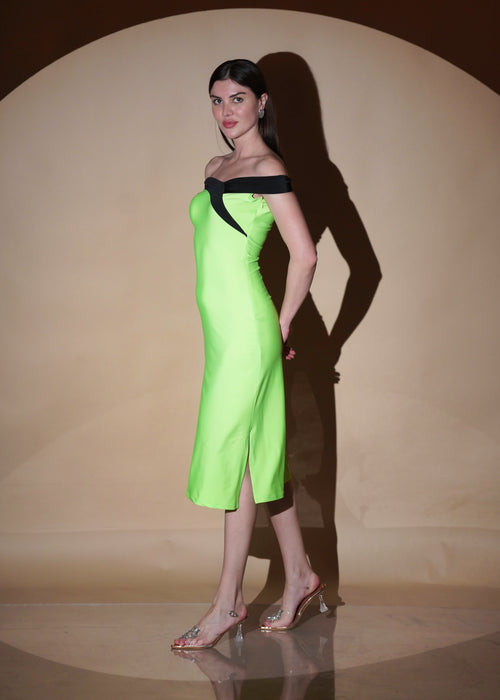 Neon Envy Elegance Off Shoulder Slim Fit Midi Dress - Womenue
