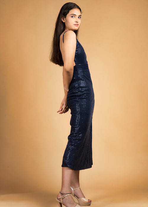 Sleek Sensation Blue Sequin Slip Dress - Womenue