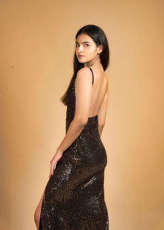 Sleek Sensation Black & copper Sequin Slip Dress - Womenue