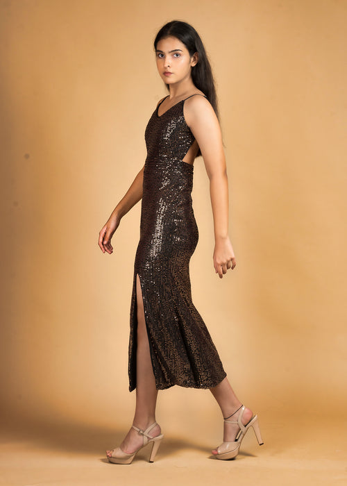 Sleek Sensation Black & copper Sequin Slip Dress - Womenue