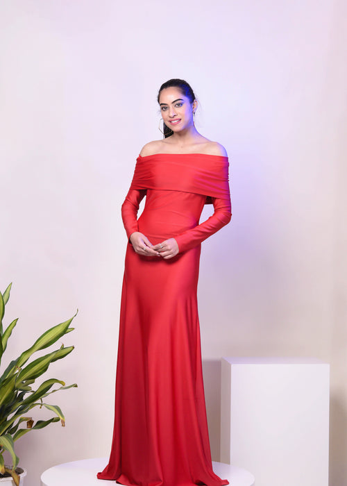 CLASSIC RED OVERFOLD OFF SHOULDER LONG GOWN DRESS - Womenue
