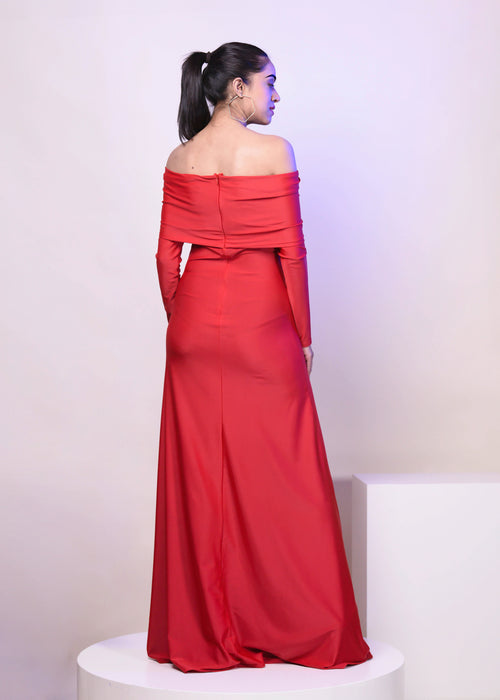 CLASSIC RED OVERFOLD OFF SHOULDER LONG GOWN DRESS - Womenue