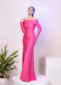 CLASSIC PINK OVERFOLD OFF SHOULDER LONG GOWN DRESS - Womenue