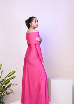 CLASSIC PINK OVERFOLD OFF SHOULDER LONG GOWN DRESS - Womenue
