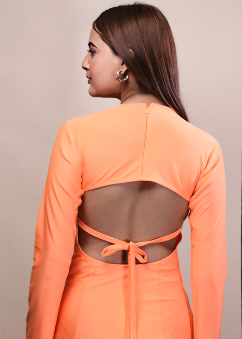 ORANGE BACKLESS  WITH TIE UP STRING BODYCON DRESS - Womenue