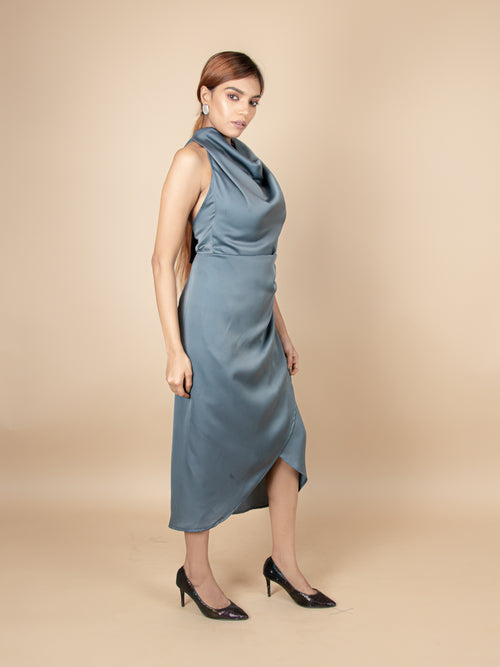 Radiant Teal Blue Satin Halter Neck Bodycon Dress - Womenue