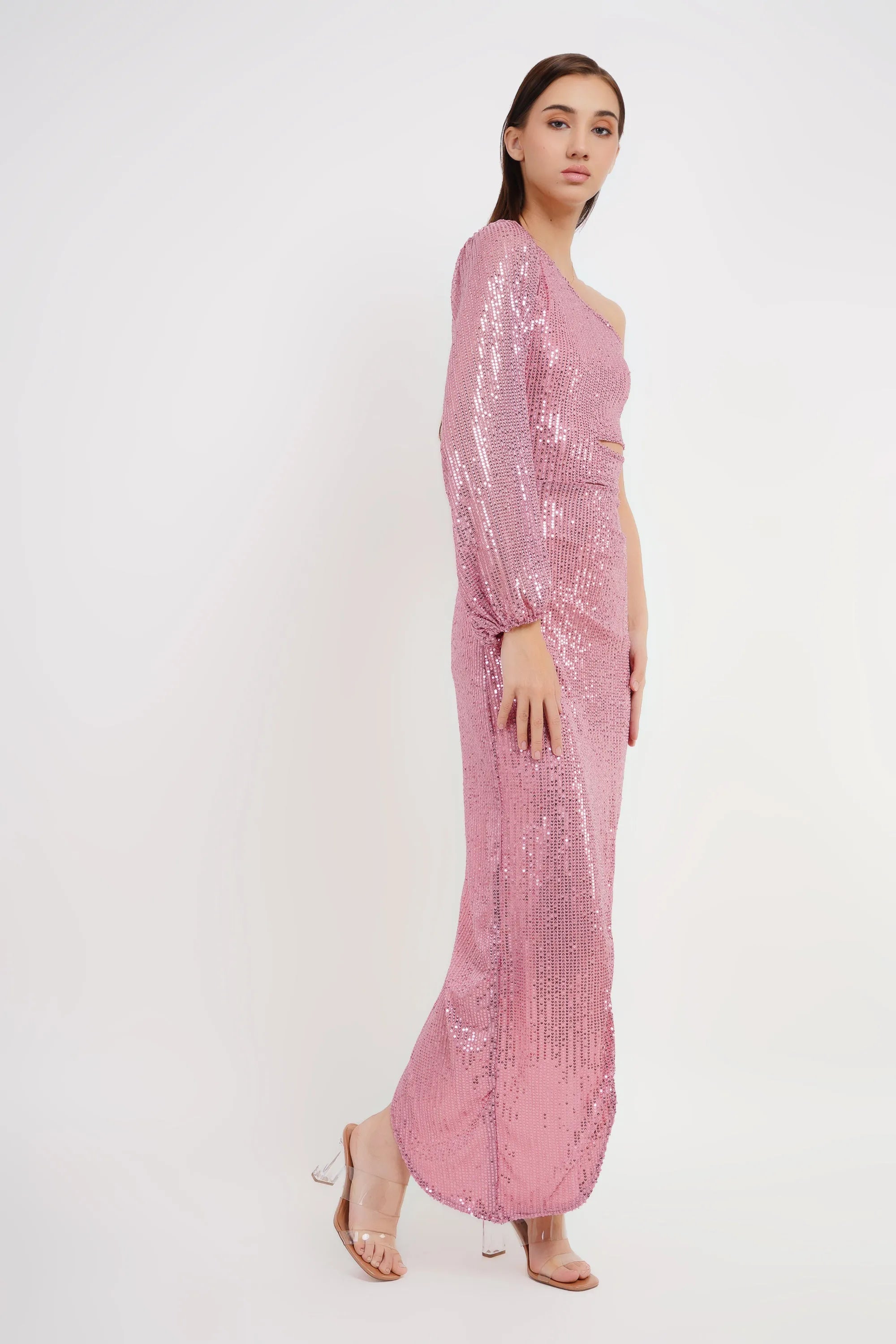 Radiant Asymmetry One-Shoulder Sequin Dress with Lantern Sleeve - Bulks