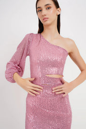 Radiant Asymmetry One-Shoulder Sequin Dress with Lantern Sleeve - Bulks