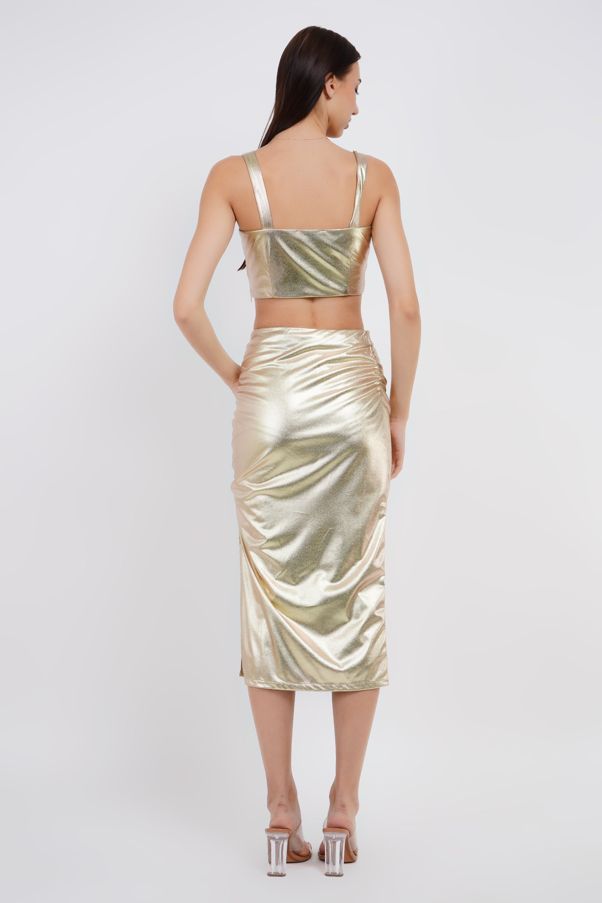 Metallic Two Piece Set Tube Top With Midi Skirt - Bulks