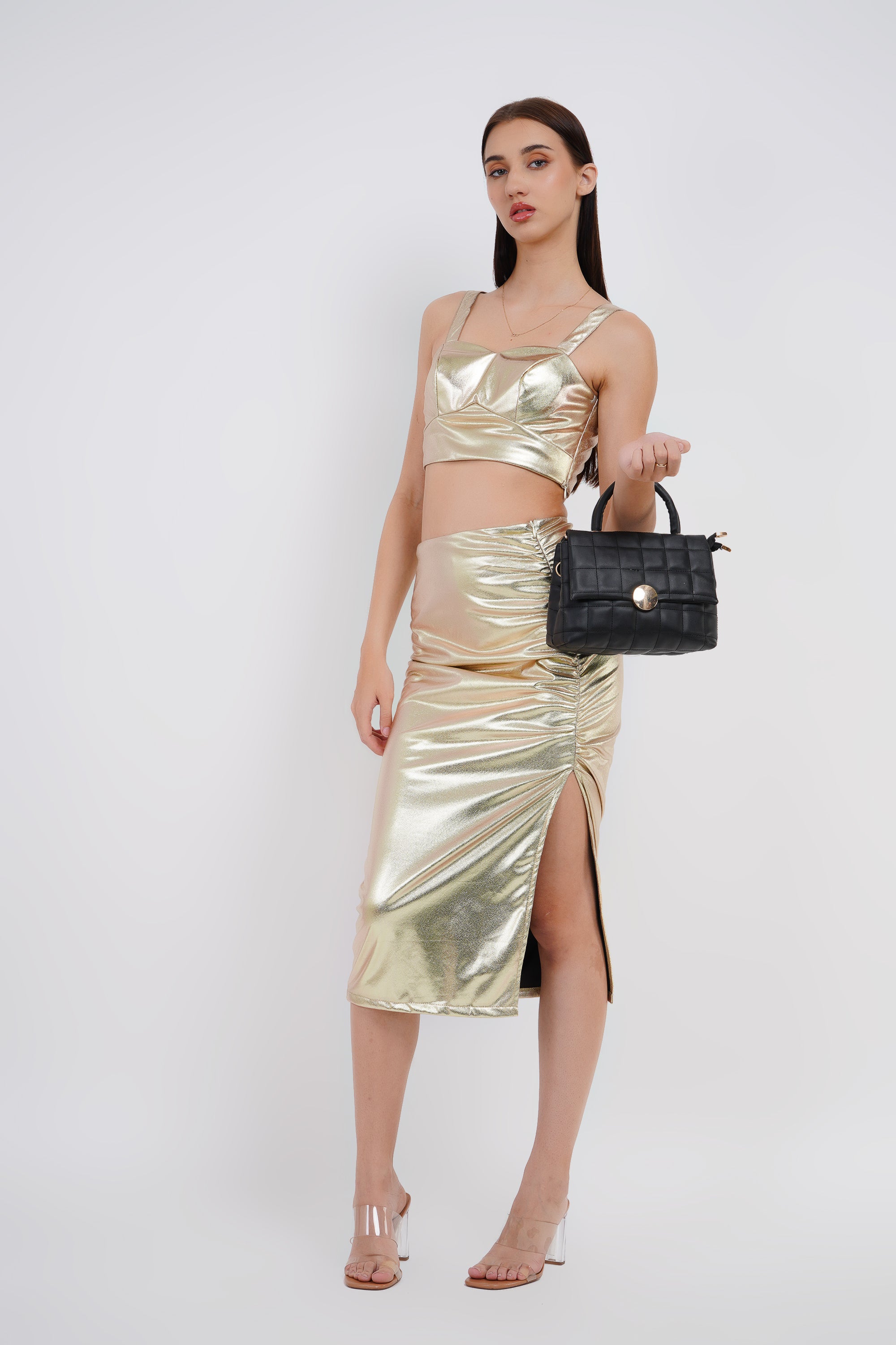 Metallic Two Piece Set Tube Top With Midi Skirt - Bulks