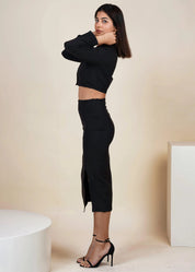 BLACK CROPPED BLAZER WITH LONG SKIRT CO-ORD SET - Bulks