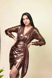 BRONZE METALLIC  DRAPE STYLE BODYCON DRESS-Womenue