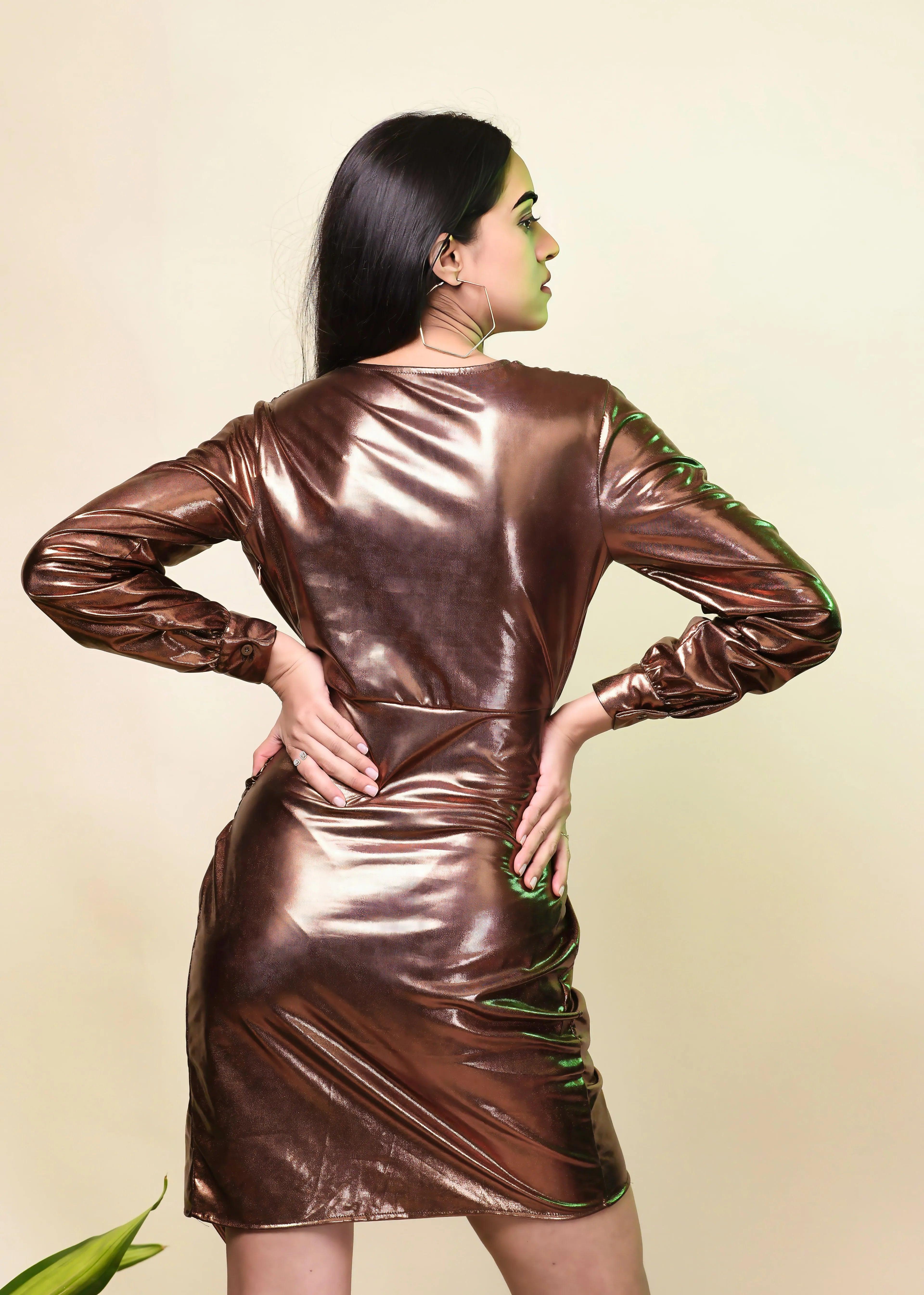 BRONZE METALLIC  DRAPE STYLE BODYCON DRESS-Womenue