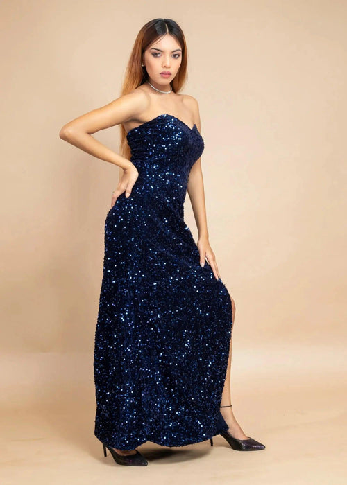 ELEGANT BLUE OFF-SHOULDER VELVET SEQUIN DRESS - Womenue