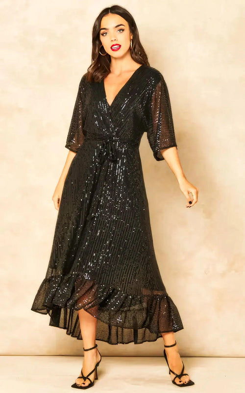 Enchanting Elegance Black Sequin Plunge Maxi Dress - Womenue
