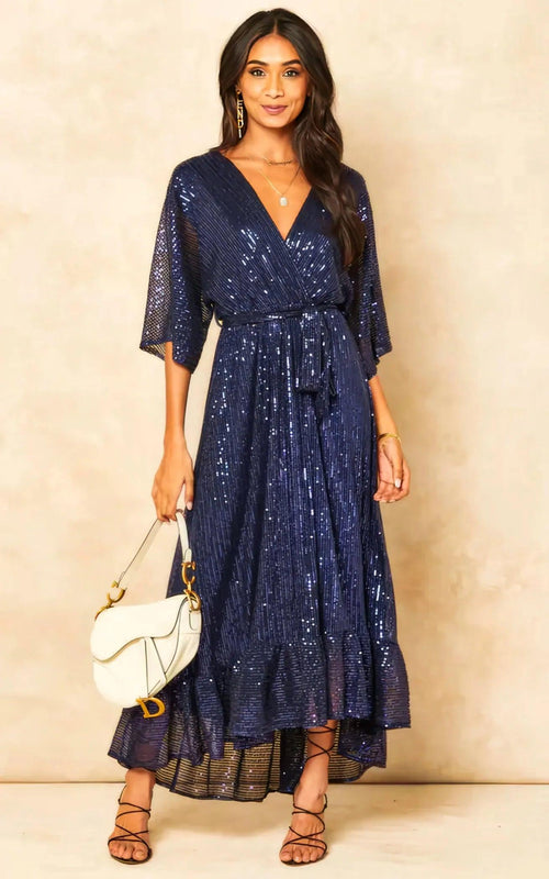 Enchanting Elegance Blue Sequin Plunge Maxi Dress - Womenue
