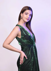 GREEN METALLIC DRAPED V NECK DRESS-Womenue