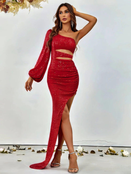 Radiant Asymmetry One-Shoulder Red Sequin Dress with Lantern Sleeve - Womenue