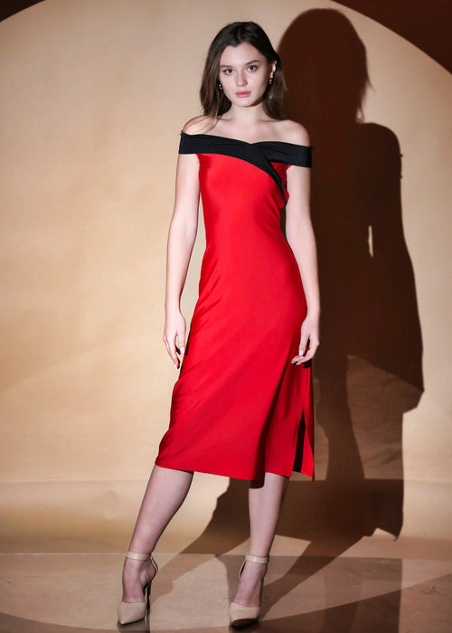 Red Dacron Zest Glamour Off Shoulder Slim Fit Midi Dress - Womenue