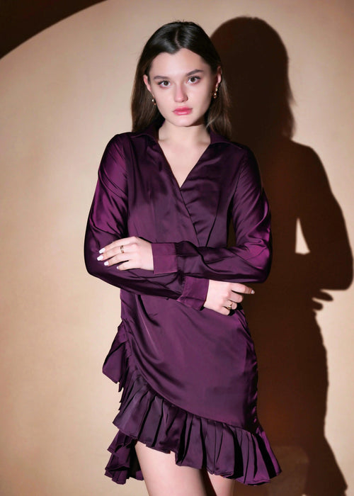 VIOLET SHIRT STYLE DRESS WITH FRILL - Womenue